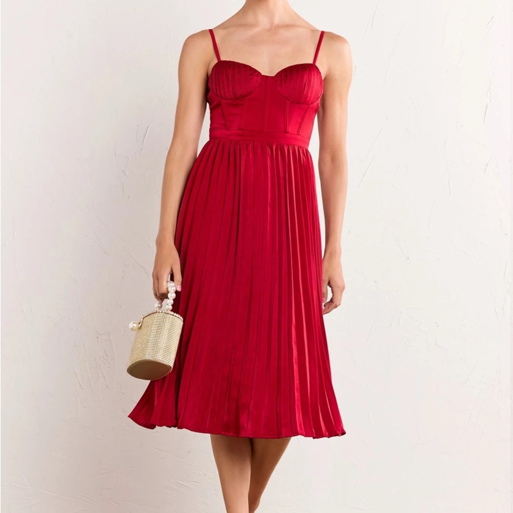 New York & Company Red Pleated Corset Satin Midi Dress-Lena-M